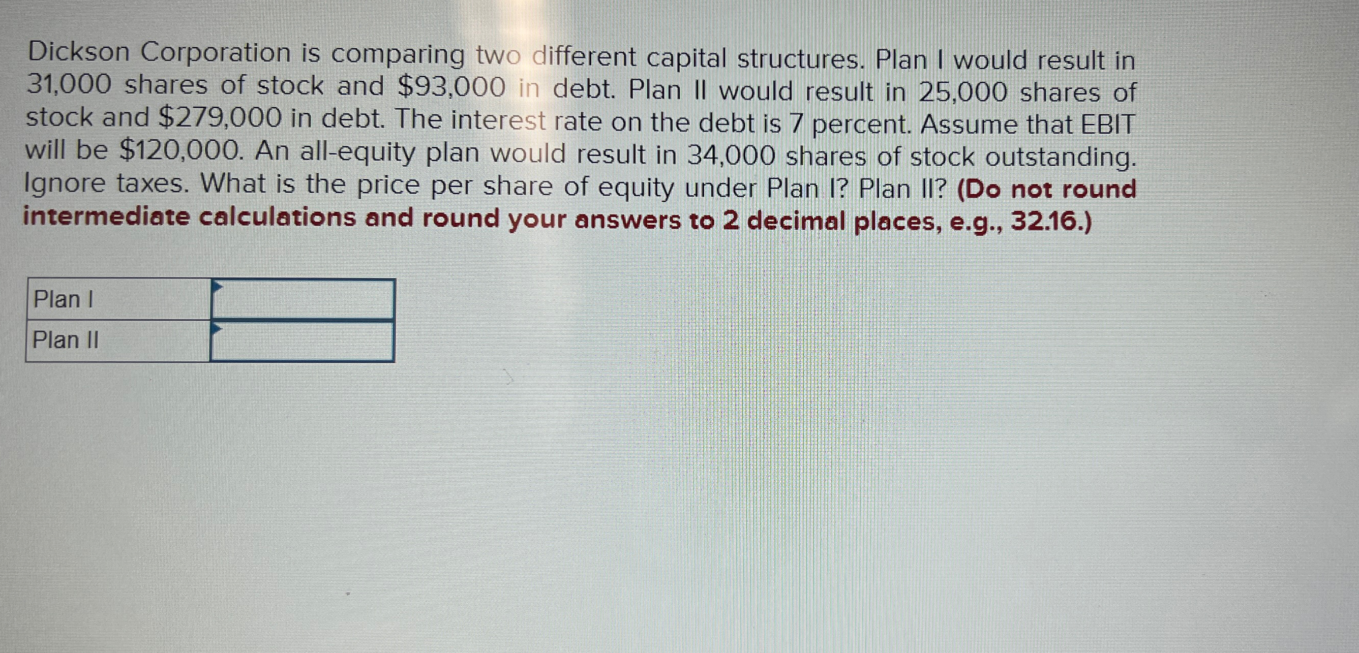 Dickson Corporation is comparing two different capital structures. Plan I would result