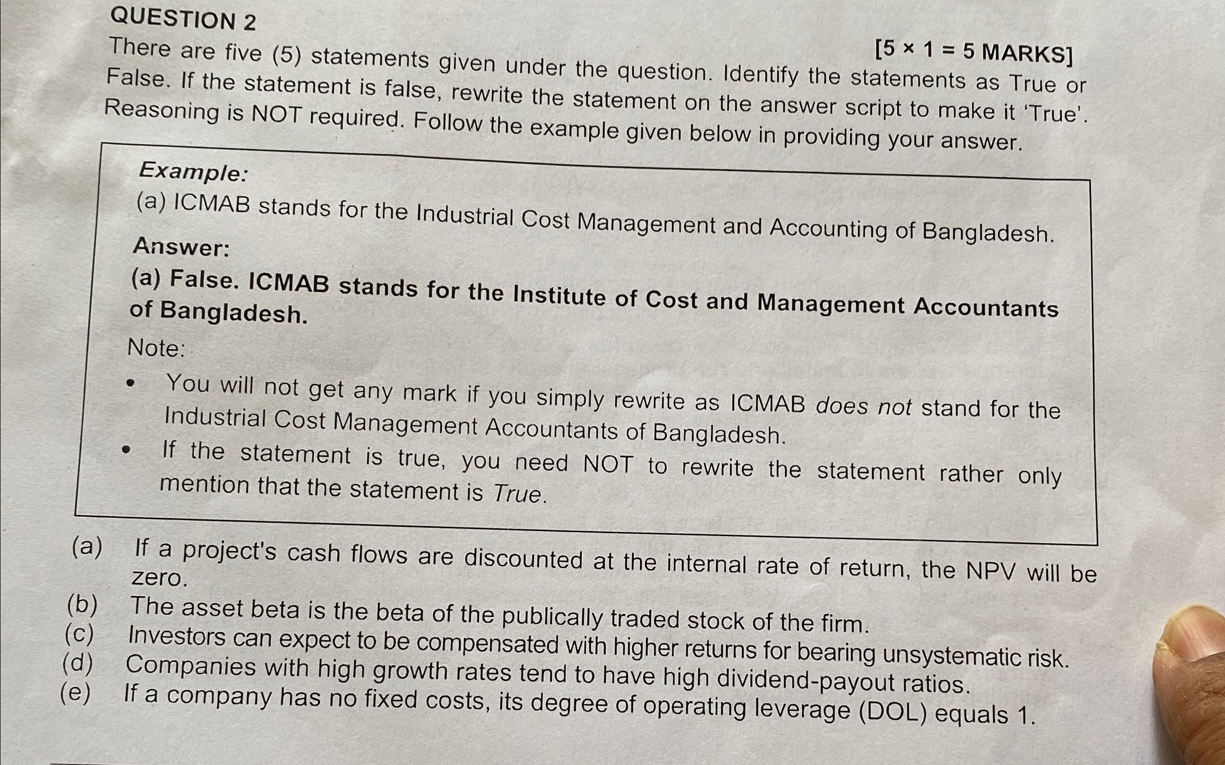 (a) (b) (c) (d) (e) QUESTION 2 There are five (5) statements