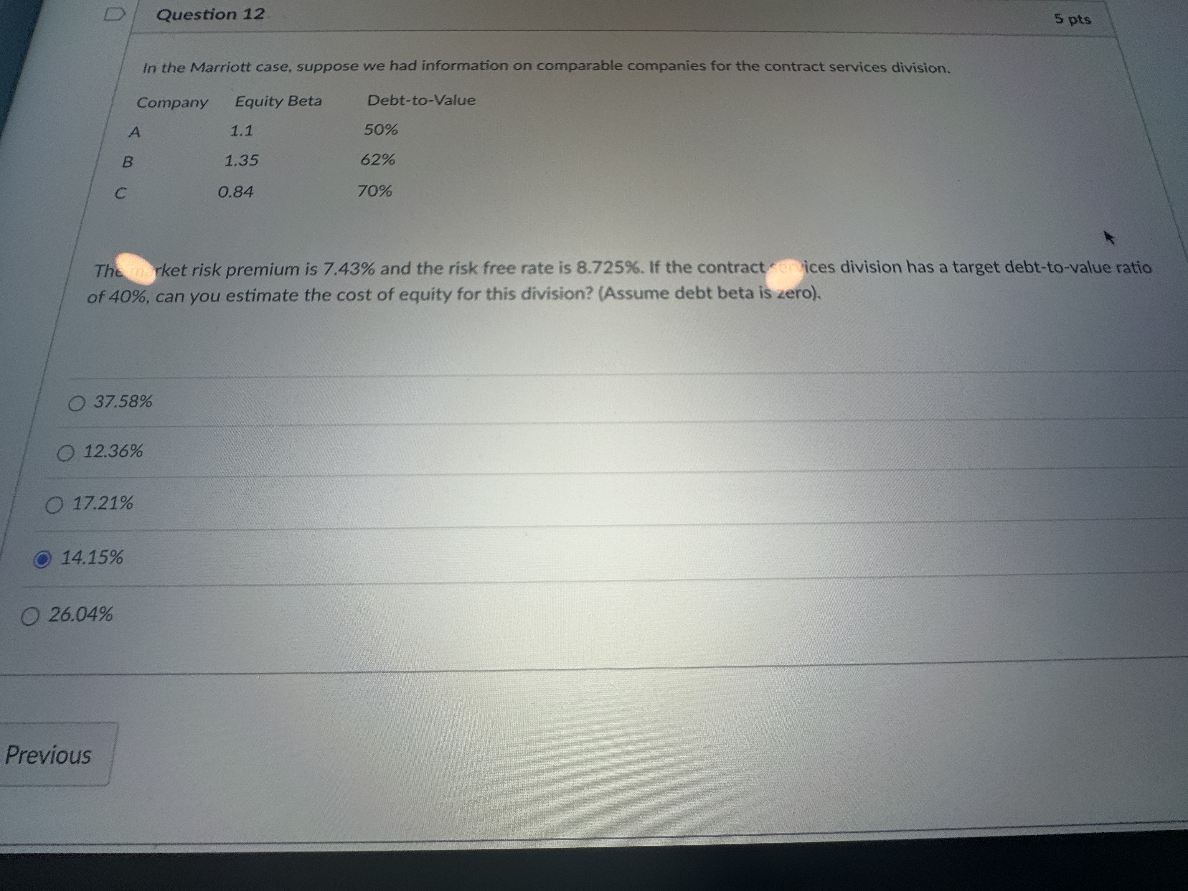 Question 12 In the Marriott case, suppose we had information on comparable