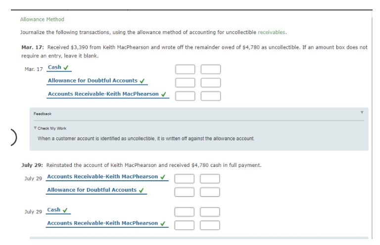 Allowance Method Journalize the following transactions, using the allowance method of accounting