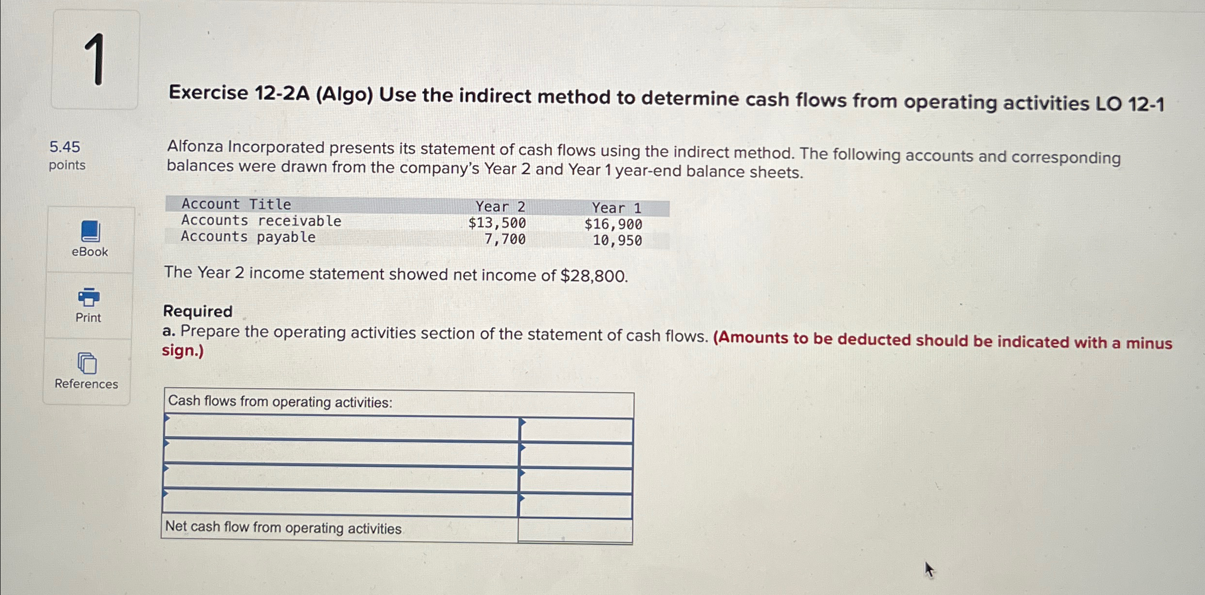 5.45 points 1 eBook Print References Exercise 12-2A (Algo) Use the indirect