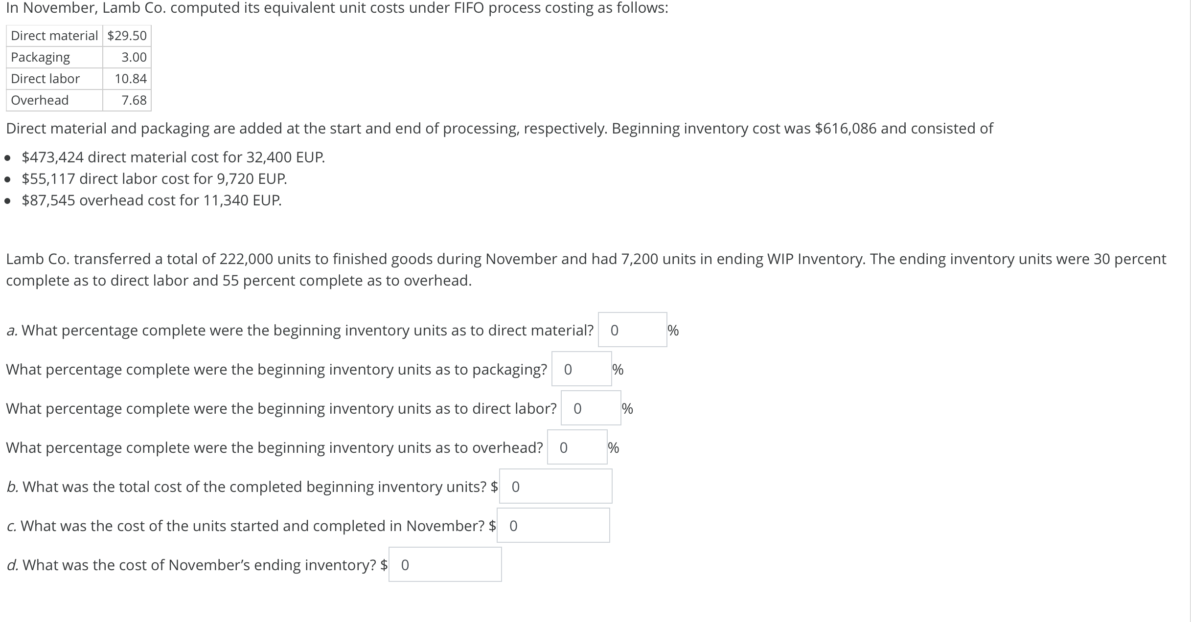 In November, Lamb Co. computed its equivalent unit costs under FIFO process