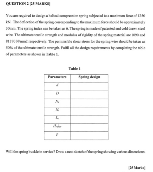 QUESTION 2 [25 MARKS] You are required to design a helical compression