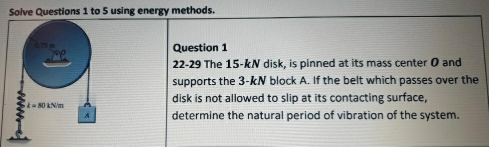 Solve Questions 1 to 5 using energy methods. 0.75 m k=80 kN/m
