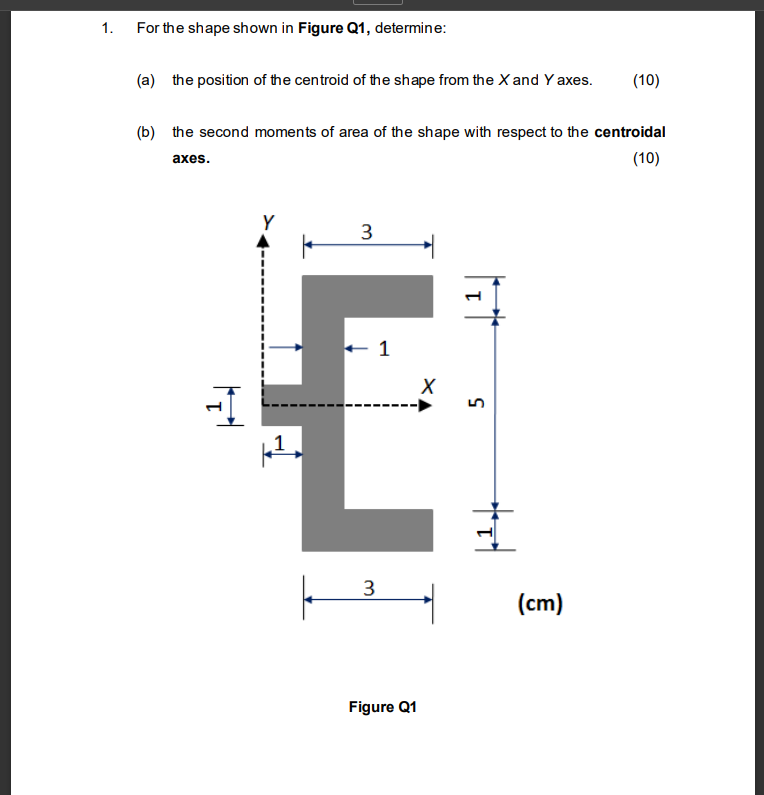 1. For the shape shown in Figure Q1, determine: (a) the position