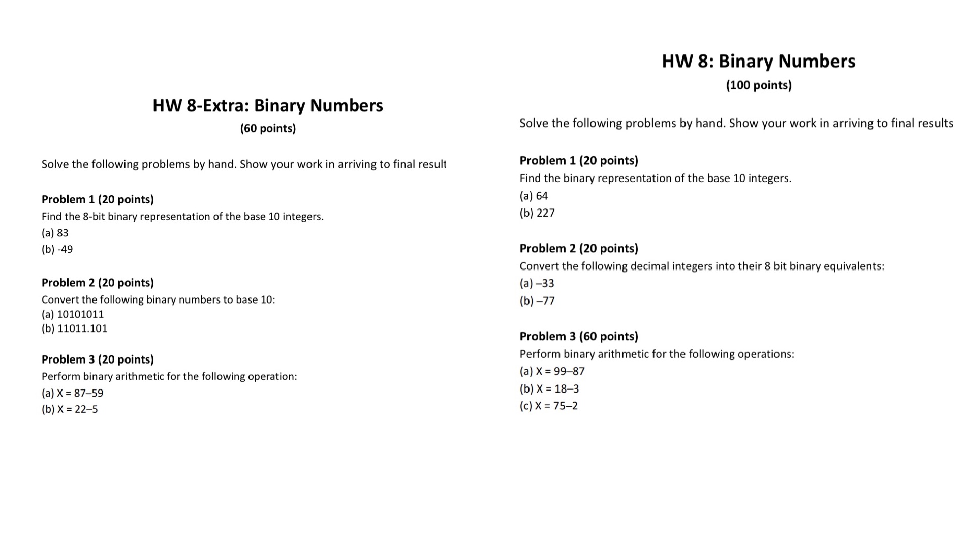 HW 8-Extra: Binary Numbers (60 points) Solve the following problems by hand.