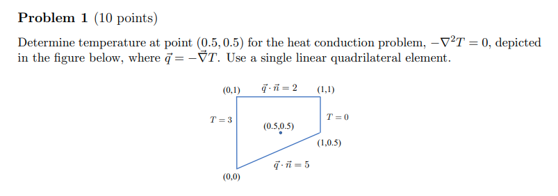 Problem 1 (10 points) Determine temperature at point (0.5, 0.5) for the