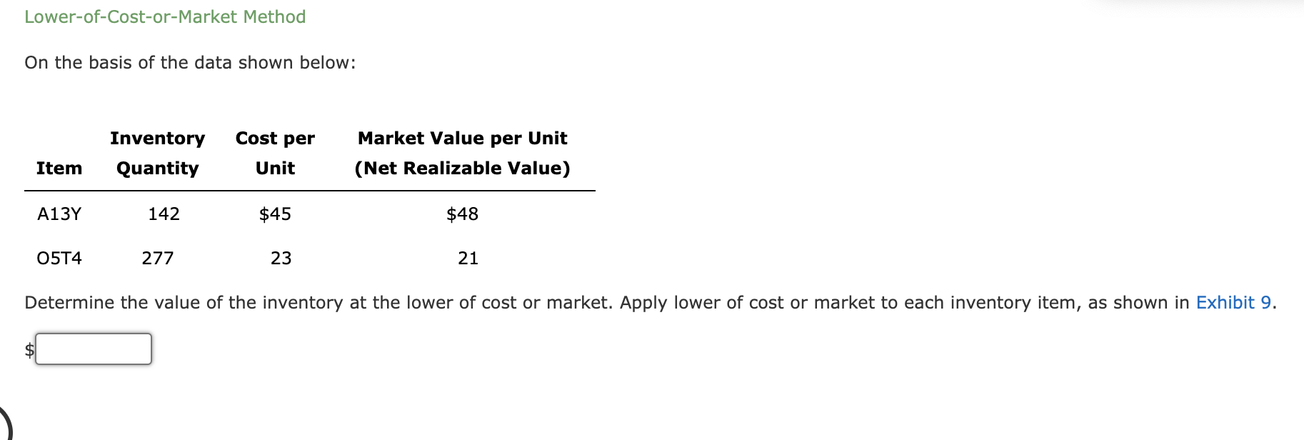 Lower-of-Cost-or-Market Method On the basis of the data shown below: Inventory Item