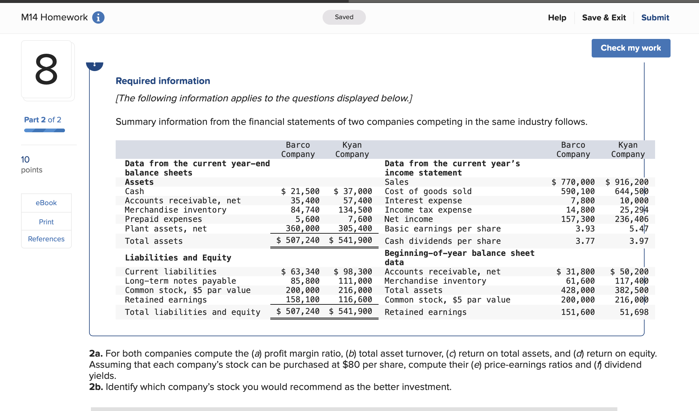 M14 Homework i 8 Required information Saved Help Save & Exit Submit