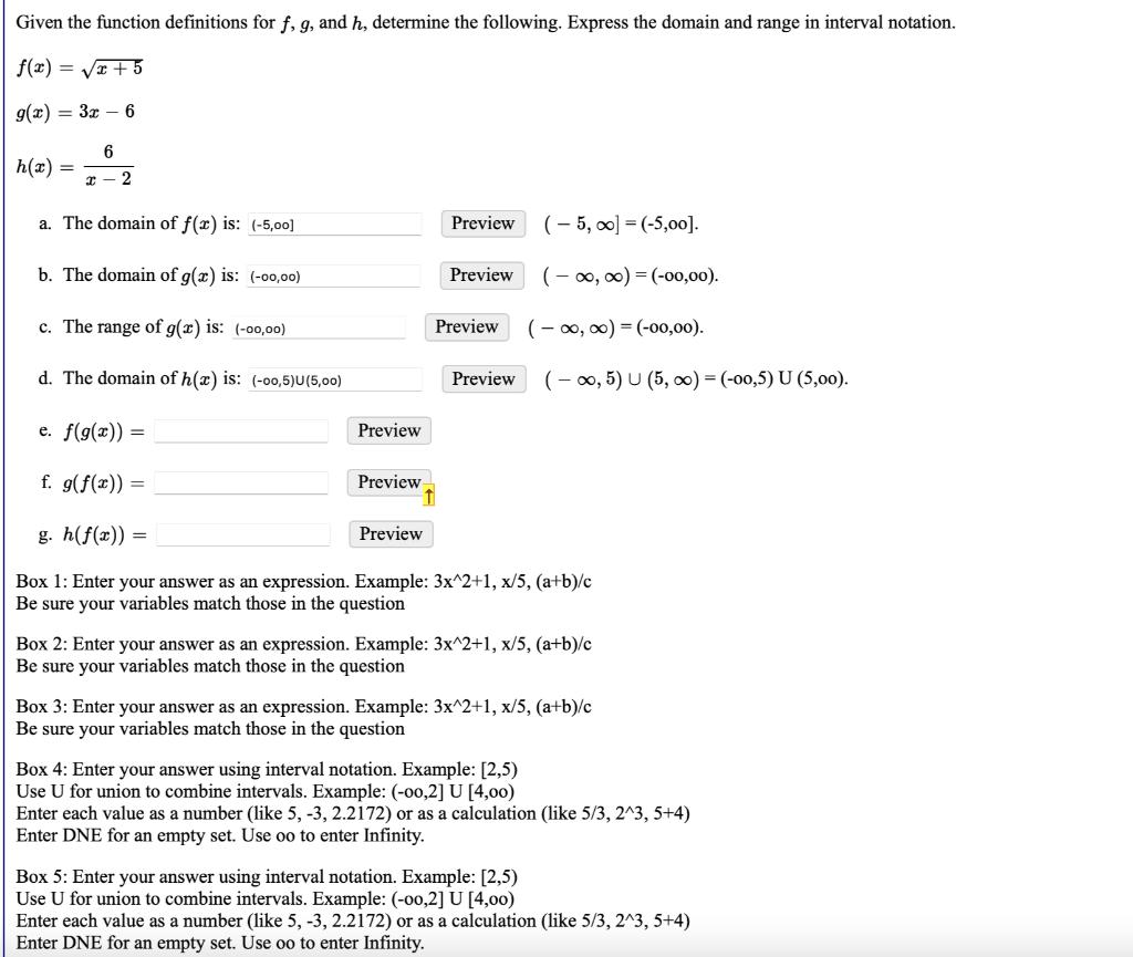Given the function definitions for f, g, and h, determine the following.