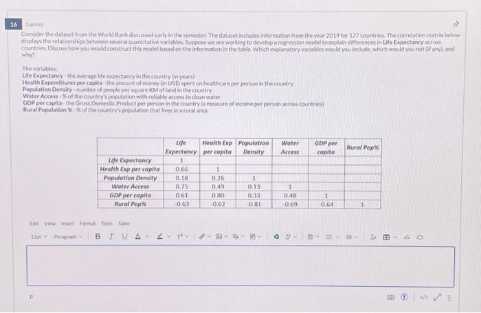 16 points Consider the dataset from the World Bank discussed early in