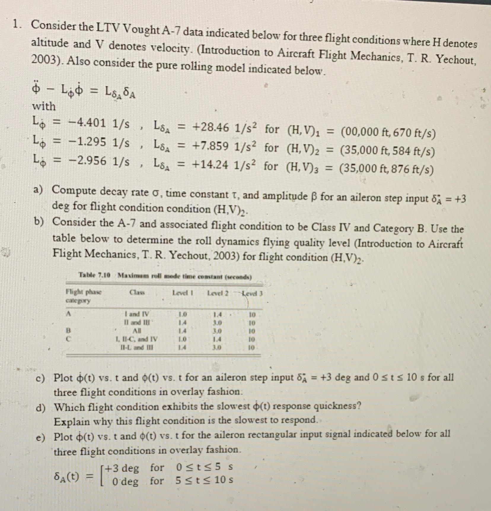 1. Consider the LTV Vought A-7 data indicated below for three flight