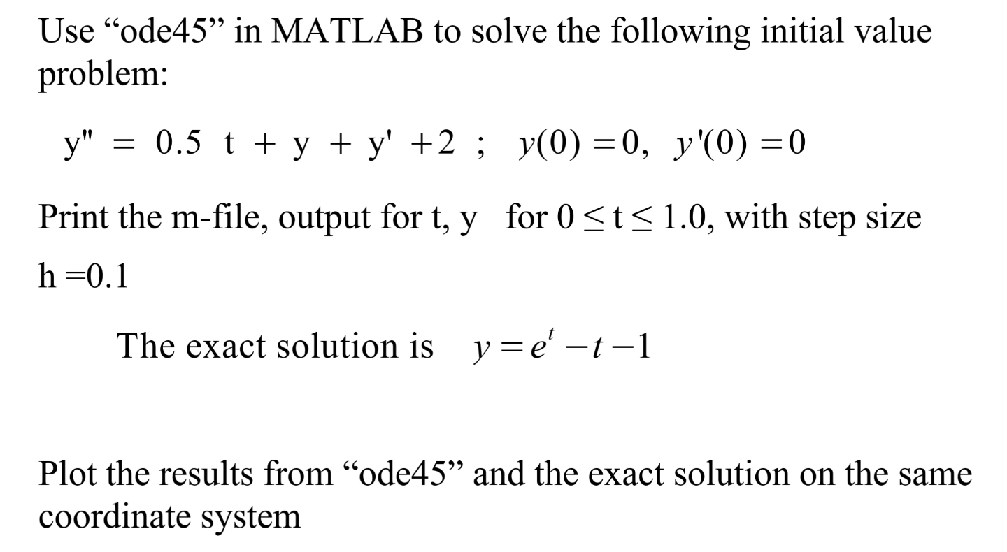 Use "ode45" in MATLAB to solve the following initial value problem: y"