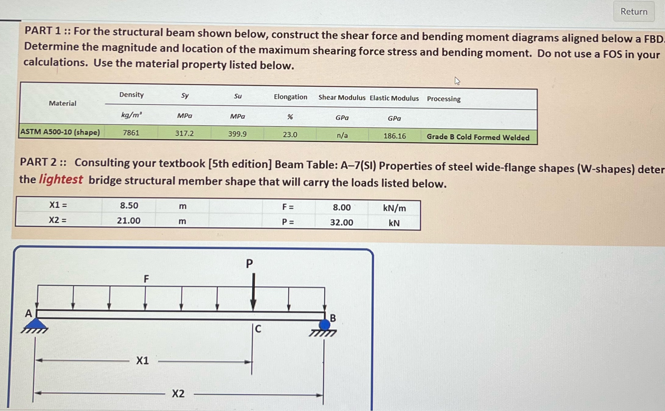 Return PART 1 :: For the structural beam shown below, construct the