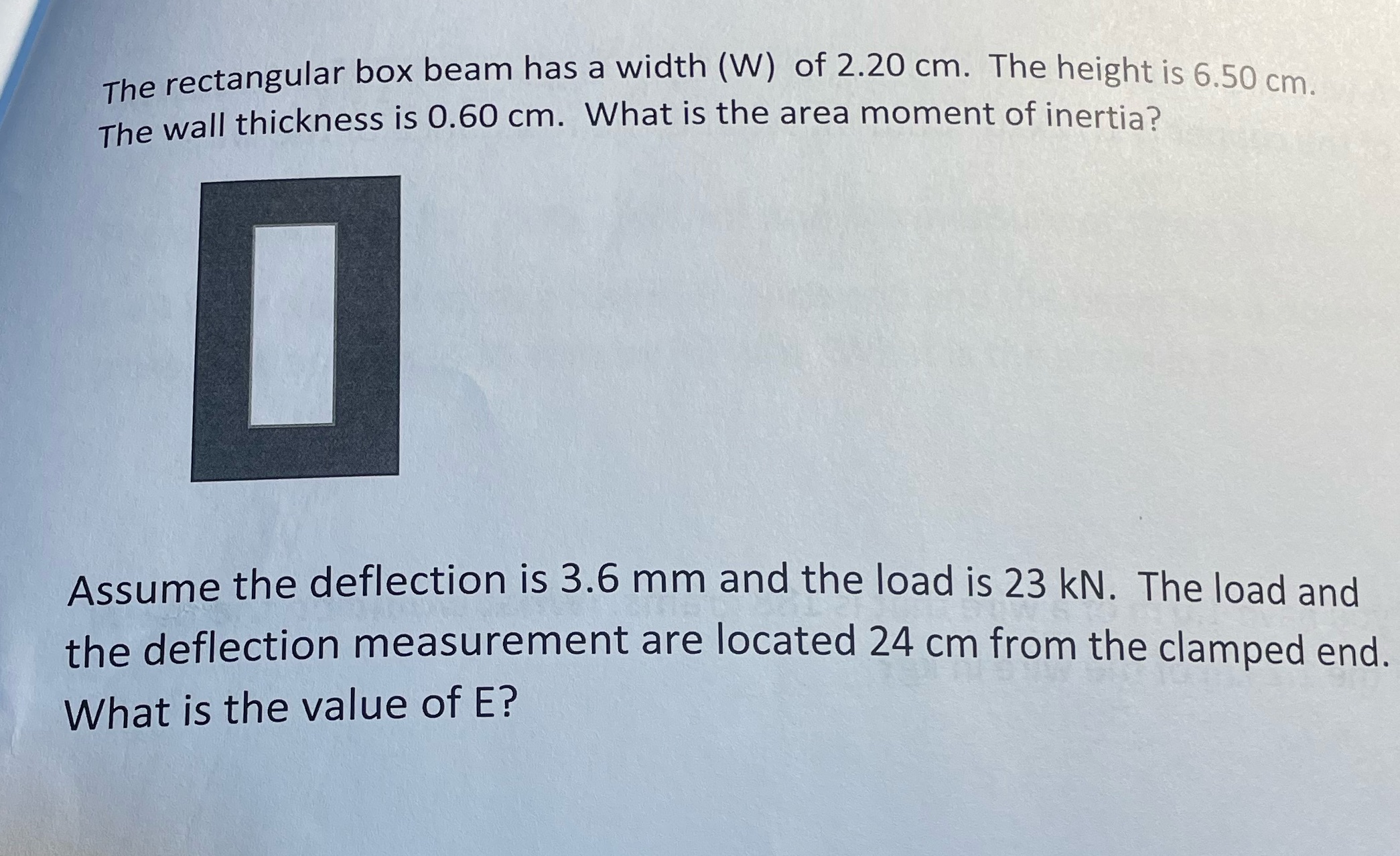 The rectangular box beam has a width (W) of 2.20 cm. The