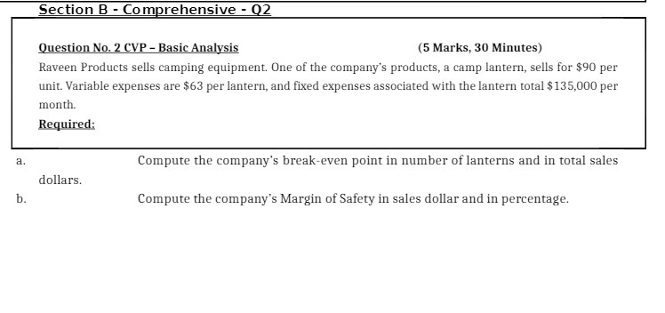 Section B - Comprehensive - Q2 Question No. 2 CVP - Basic