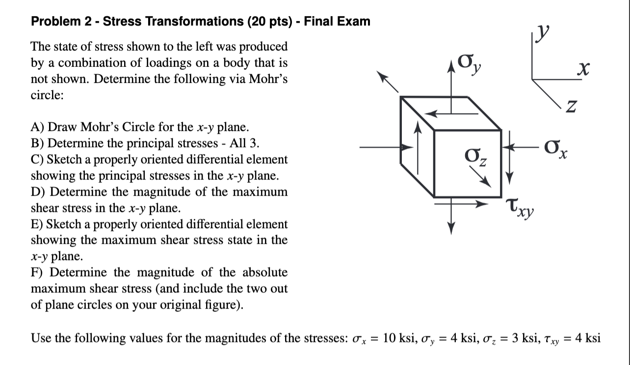 Problem 2 - Stress Transformations (20 pts) - Final Exam The state