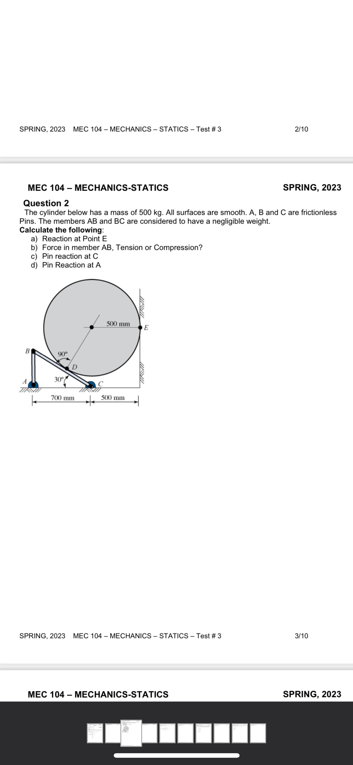 SPRING, 2023 MEC 104 - MECHANICS - STATICS - Test # 3