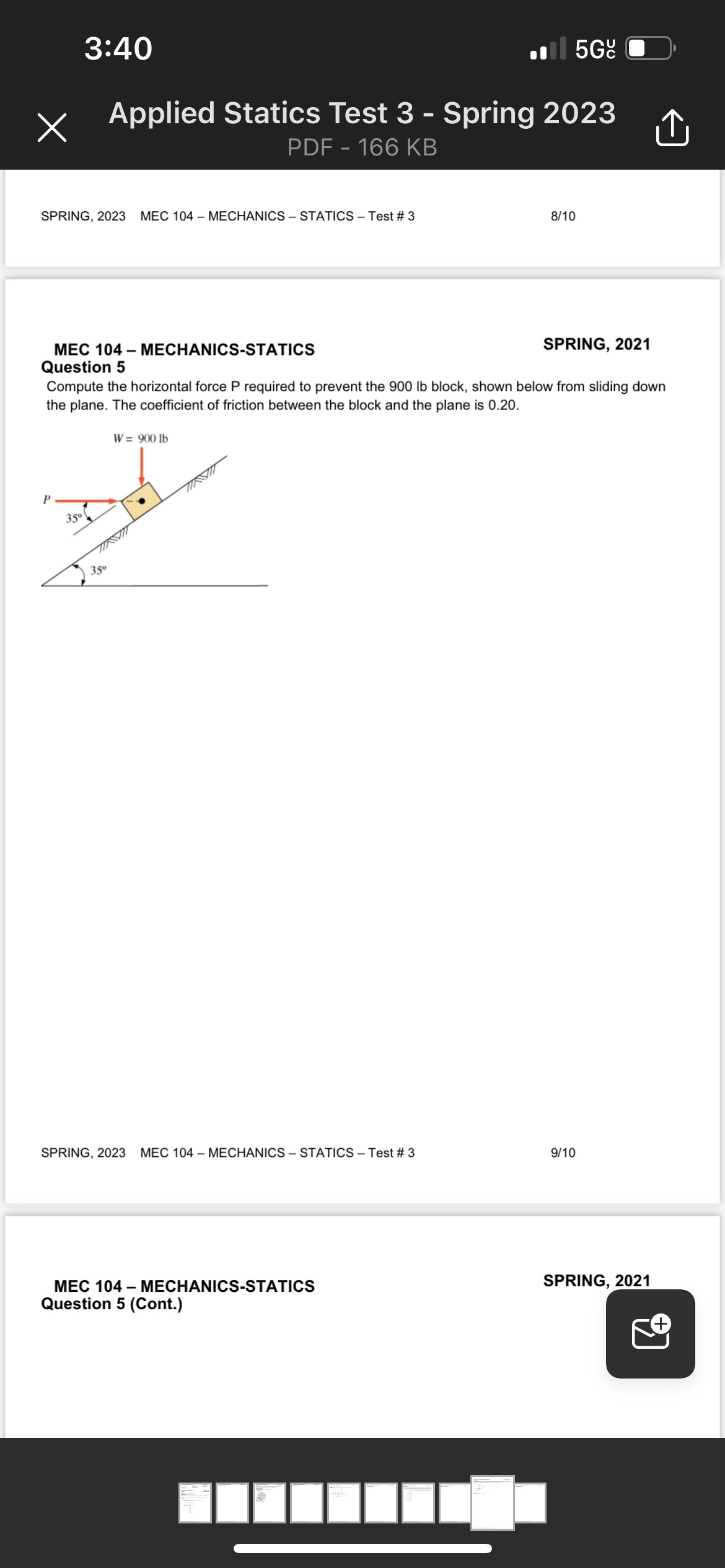 2/10 MEC 104 - MECHANICS-STATICS Question 2 SPRING, 2023 The cylinder below