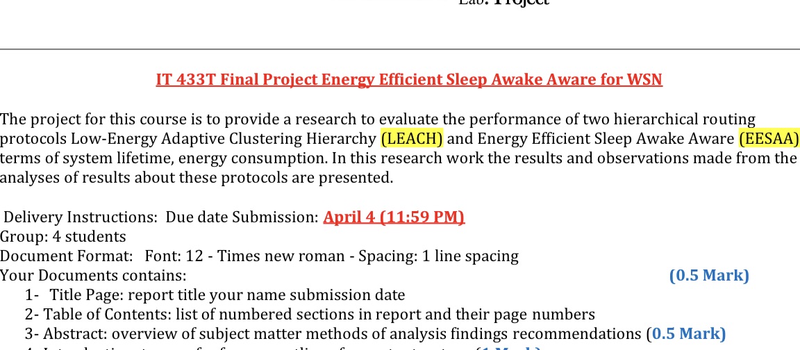 IT 433T Final Project Energy Efficient Sleep Awake Aware for WSN The