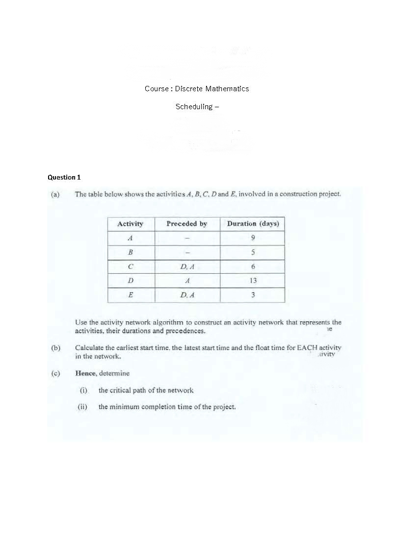 Question 1 Course: Discrete Mathematics Scheduling - (a) The table below shows