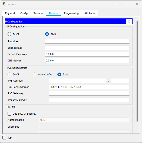 Server2 Physical Config Services Desktop Programming Attributes IP Configuration IP Configuration DHCP