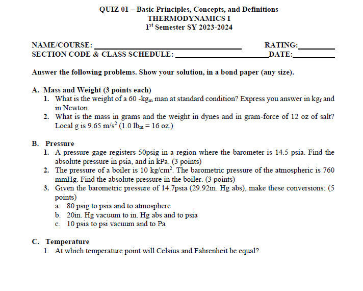 QUIZ 01 - Basic Principles, Concepts, and Definitions THERMODYNAMICS I 1st Semester