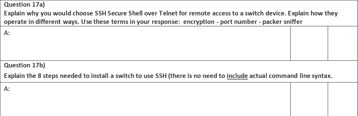 Question 17a) Explain why you would choose SSH Secure Shell over Telnet