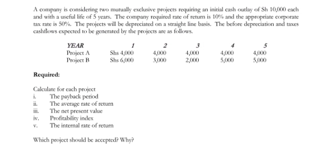 A company is considering two mutually exclusive projects requiring an initial cash