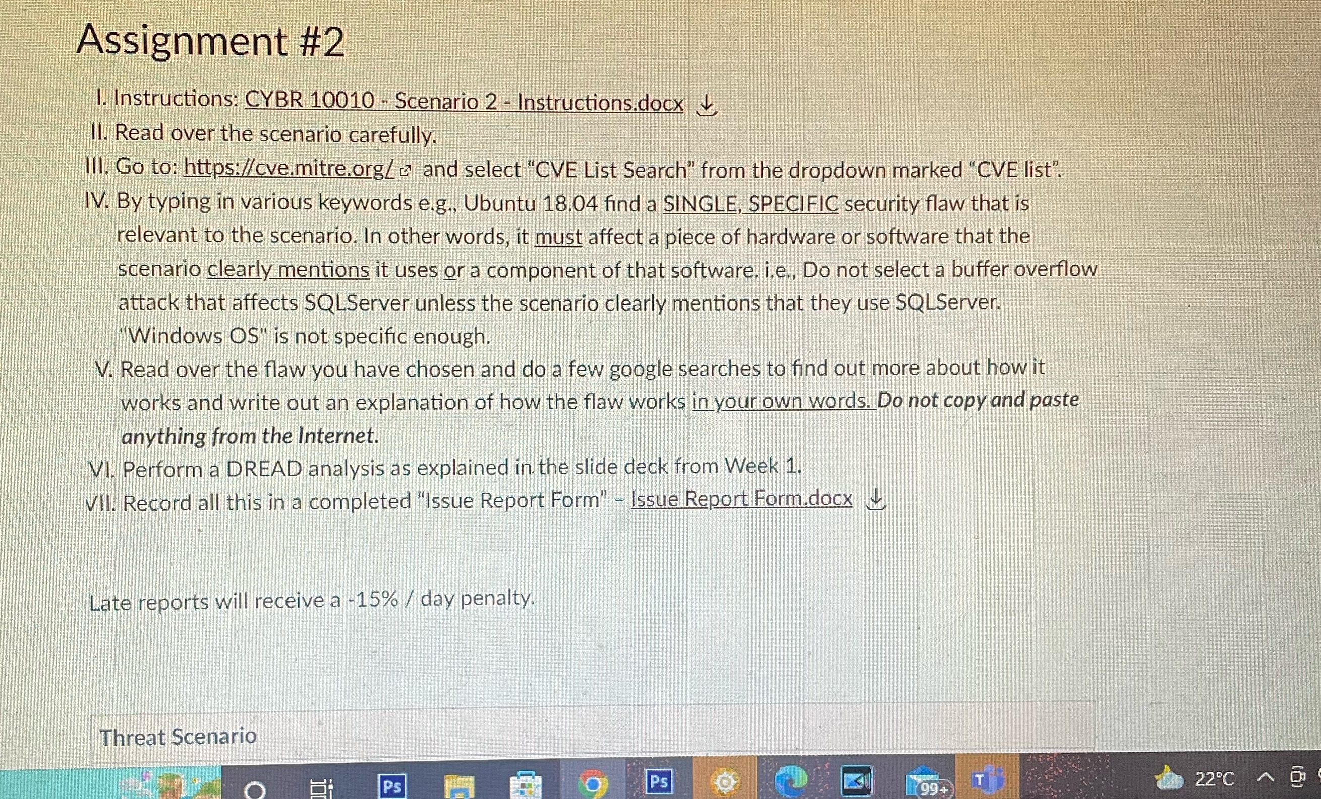 Assignment #2 1. Instructions: CYBR 10010 - Scenario 2 - Instructions.docx II.