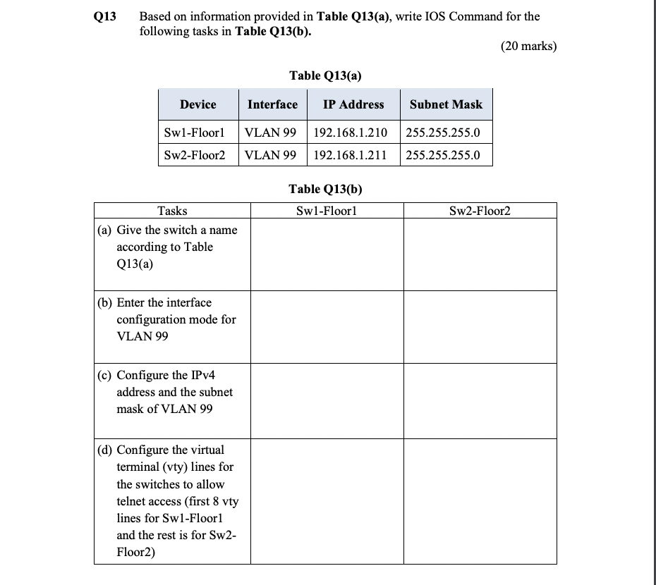 Q13 Based on information provided in Table Q13(a), write IOS Command for