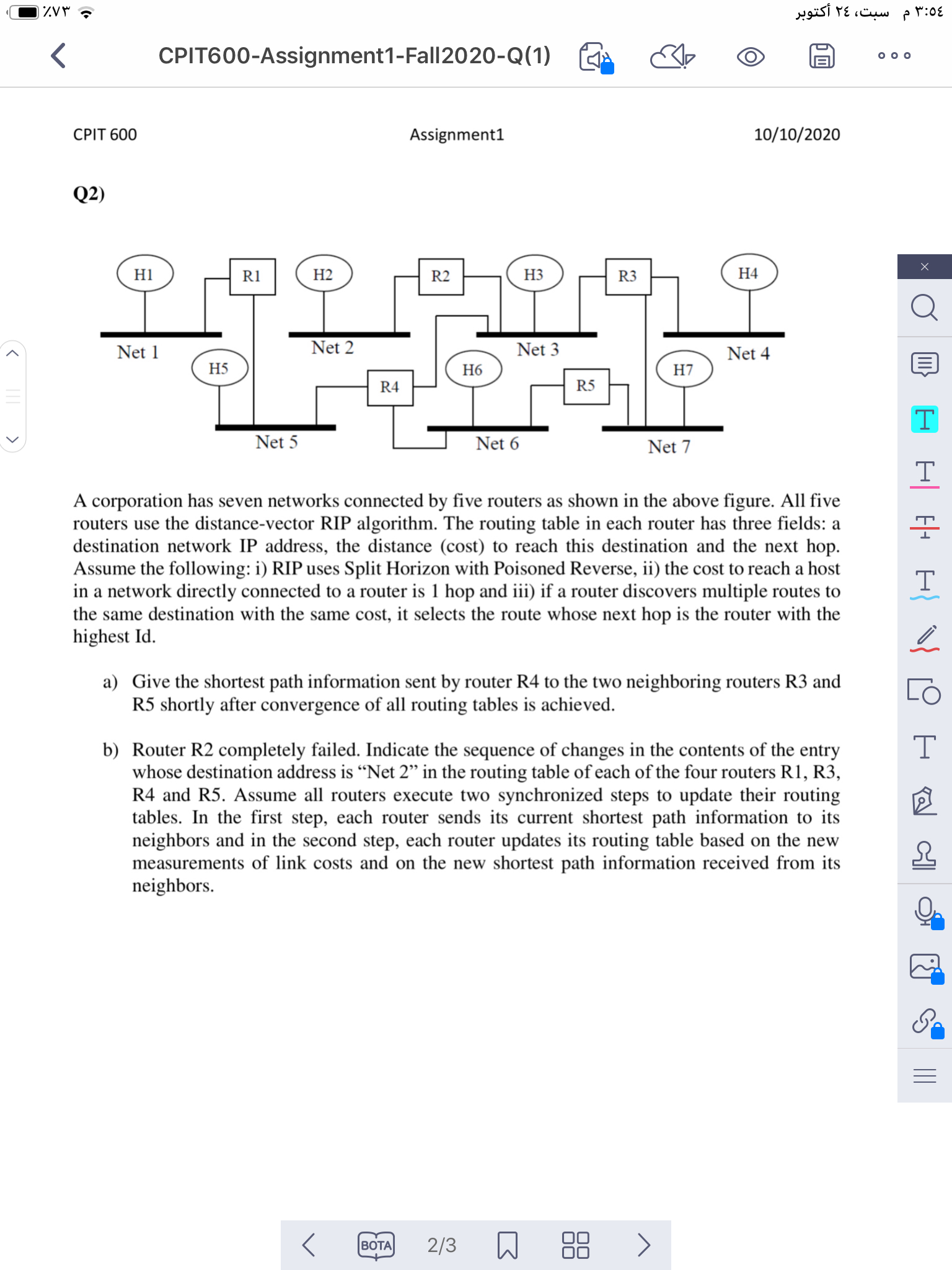 > < CPIT 600 Q2) CPIT600-Assignment1-Fall 2020-Q(1) Assignment1 : 10/10/2020 H1 R1