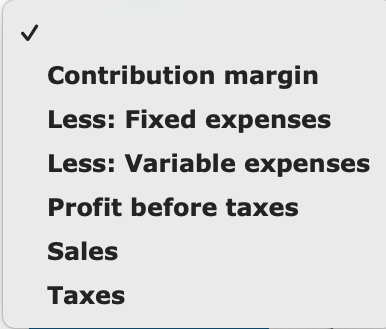 Contribution margin Less: Fixed expenses Less: Variable expenses Profit before taxes Sales