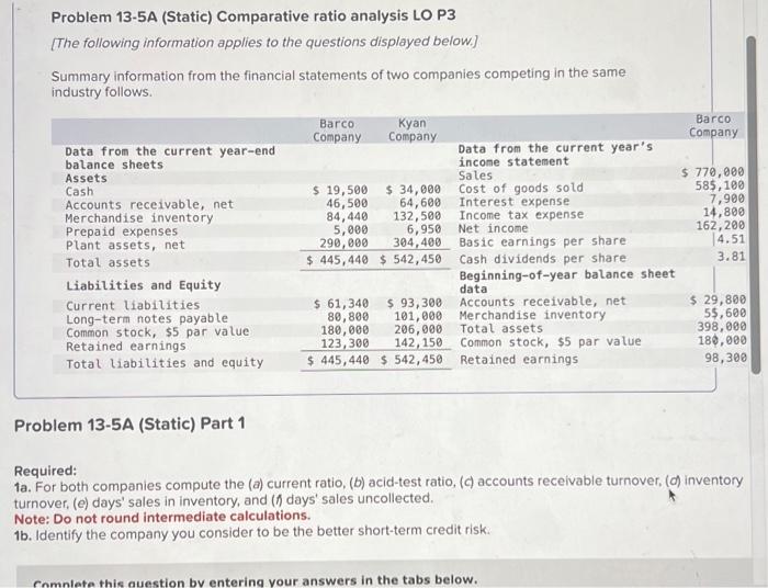 Problem 13-5A (Static) Comparative ratio analysis LO P3 [The following information applies