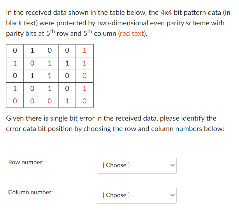 In the received data shown in the table below, the 4x4 bit
