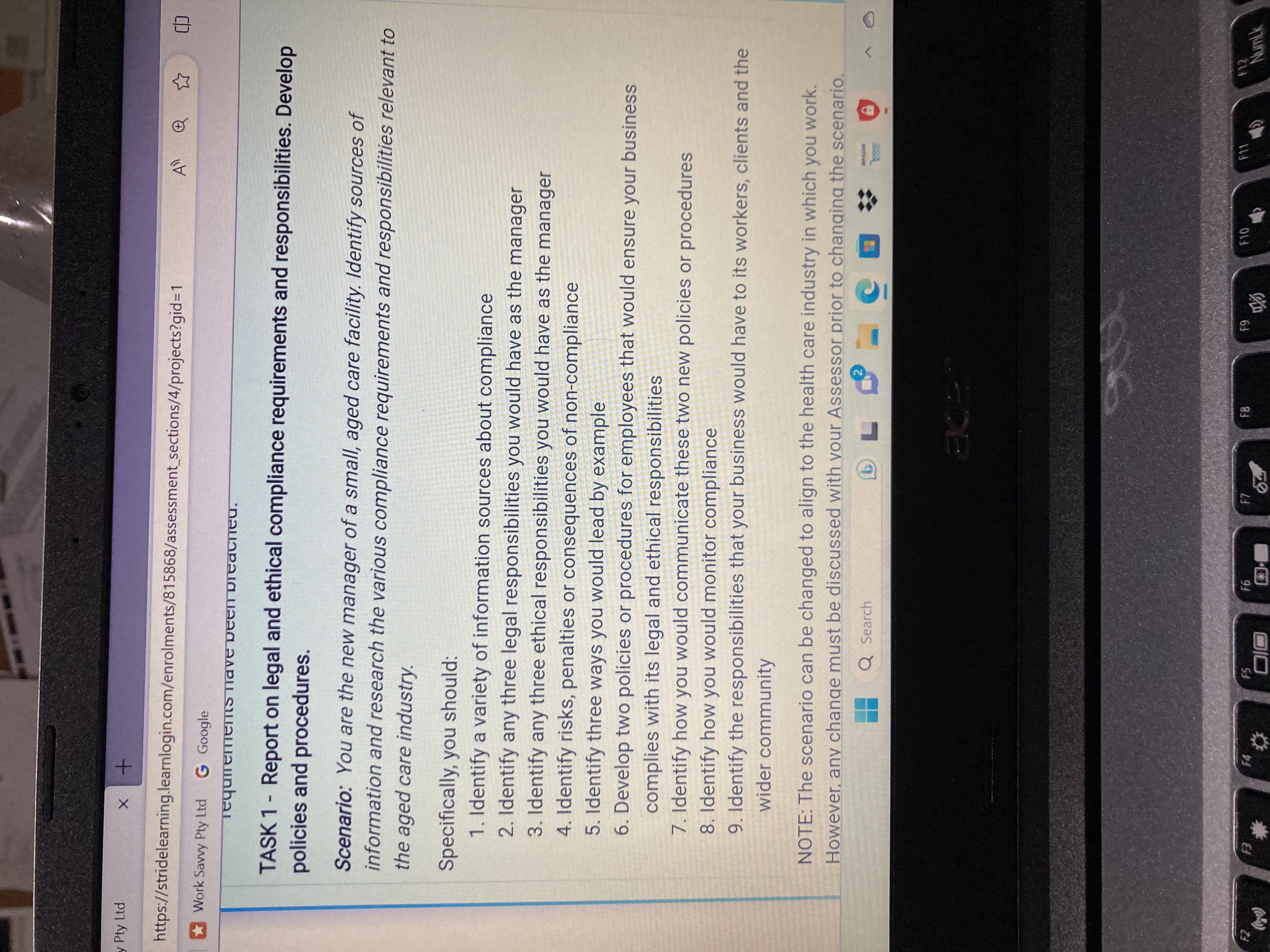 y Pty Ltd X + https://stridelearning.learnlogin.com/enrolments/815868/assessment_sections/4/projects?gid=1 F2 Work Savvy Pty Ltd G