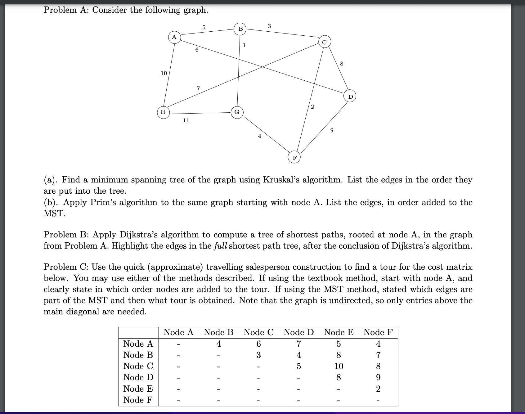 Problem A: Consider the following graph. A 6 5 10 7 H