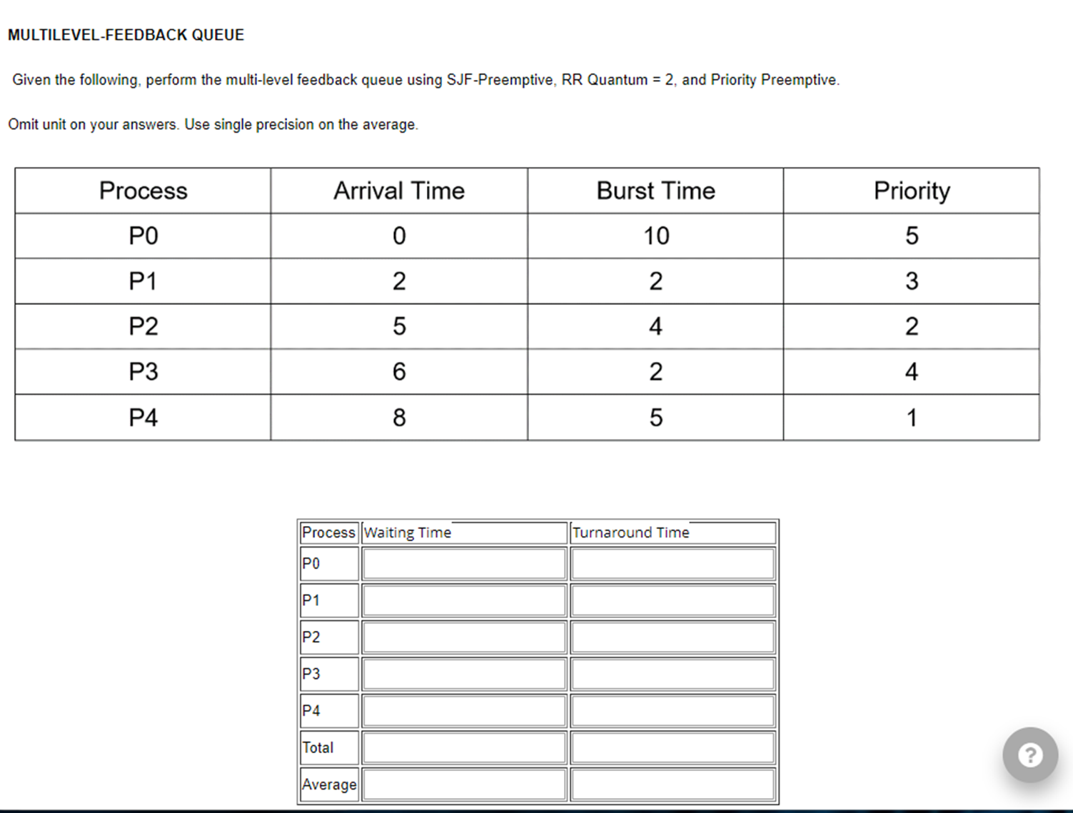 MULTILEVEL-FEEDBACK QUEUE Given the following, perform the multi-level feedback queue using SJF-Preemptive,