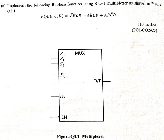 (a) Implement the following Boolean function using 8-to-1 multiplexer as shown in