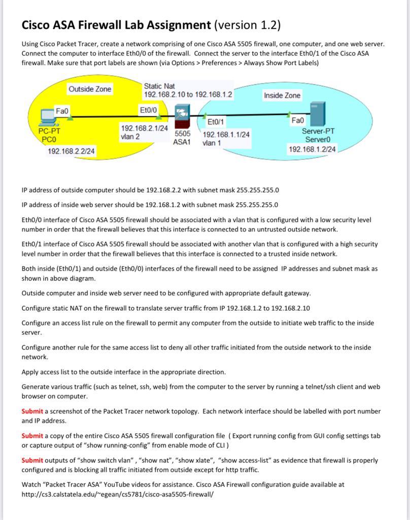 Cisco ASA Firewall Lab Assignment (version 1.2) Using Cisco Packet Tracer, create