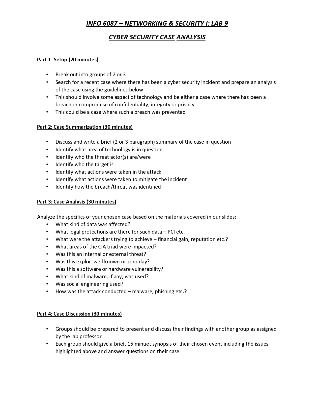 INFO 6087 - NETWORKING & SECURITY I: LAB 9 CYBER SECURITY CASE