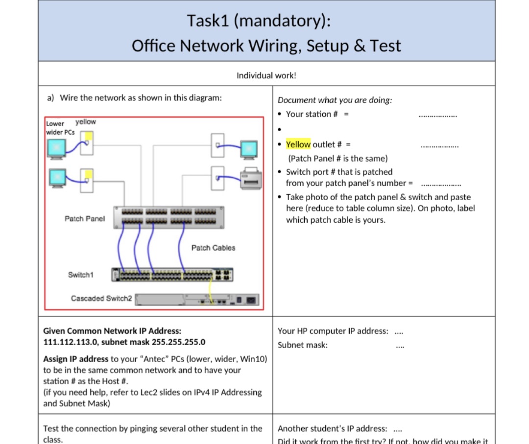 Task1 (mandatory): Office Network Wiring, Setup & Test a) Wire the network