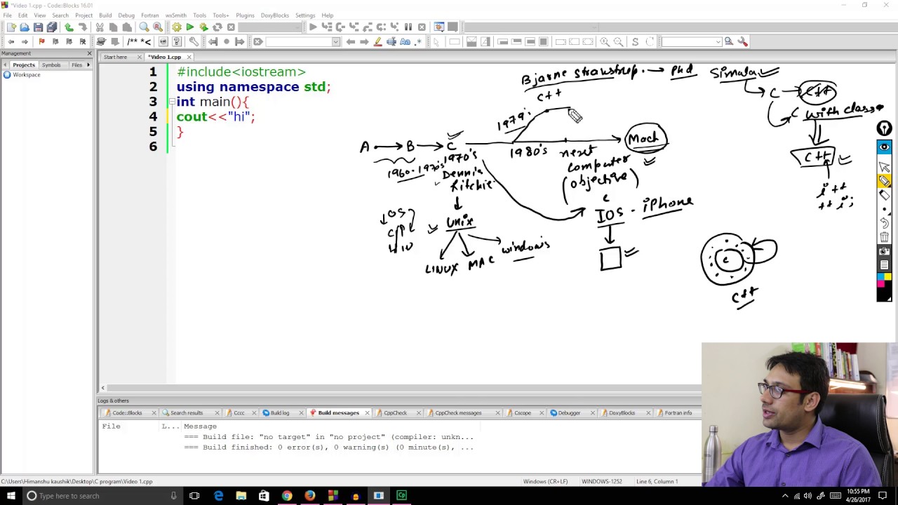 Video 1.cpp-Code Blocks 16.01 File Edit View Search Project Build Debug Fortran
