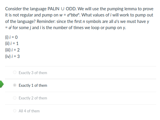 Consider the language PALIN U ODD. We will use the pumping lemma