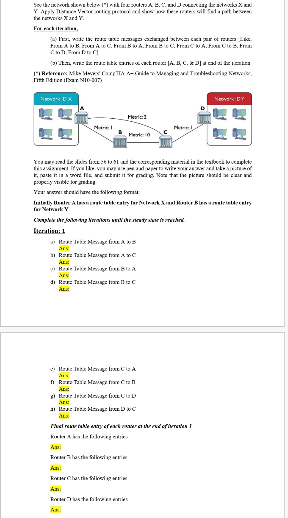 See the network shown below (*) with four routers A, B, C,