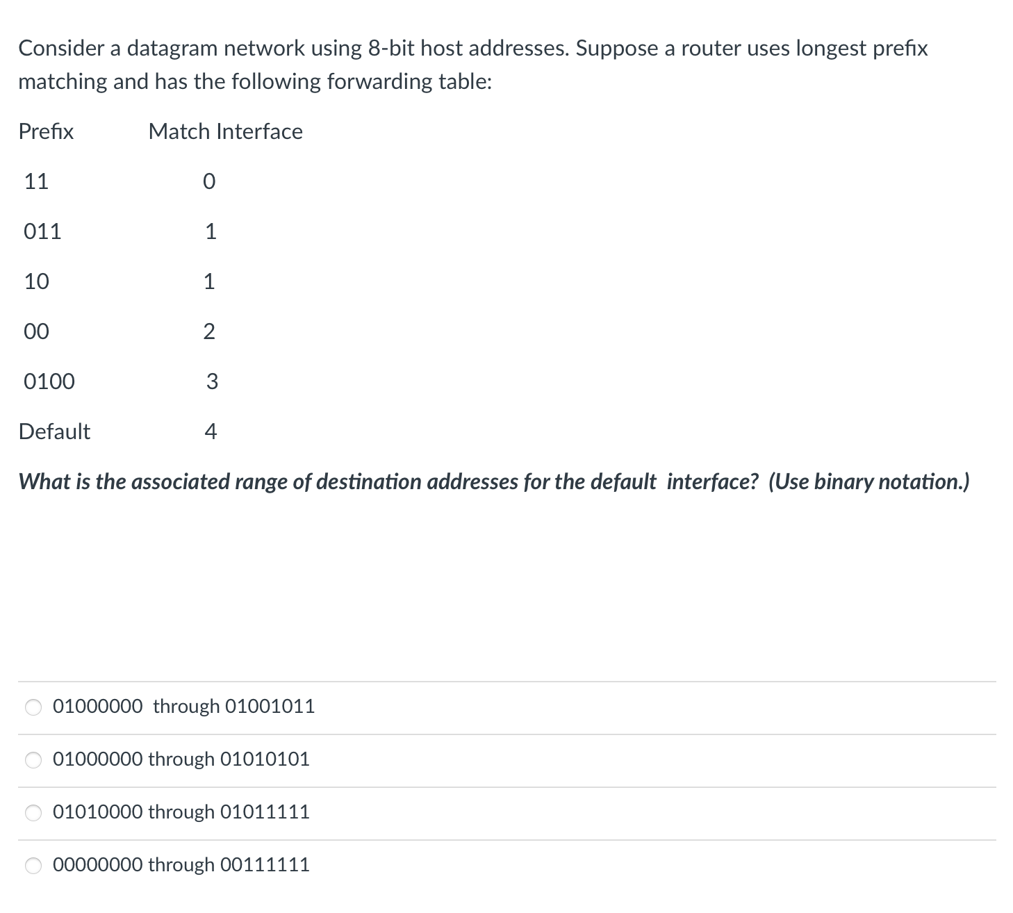 Consider a datagram network using 8-bit host addresses. Suppose a router uses