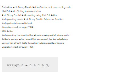 Bcd adder, 4 bit Binary Parallel Adder/Subtractor k map, verilog code 1