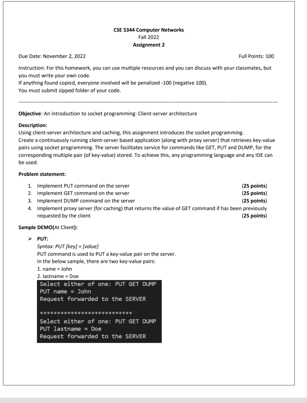 CSE 5344 Computer Networks Fall 2022 Assignment 2 Due Date: November 2,