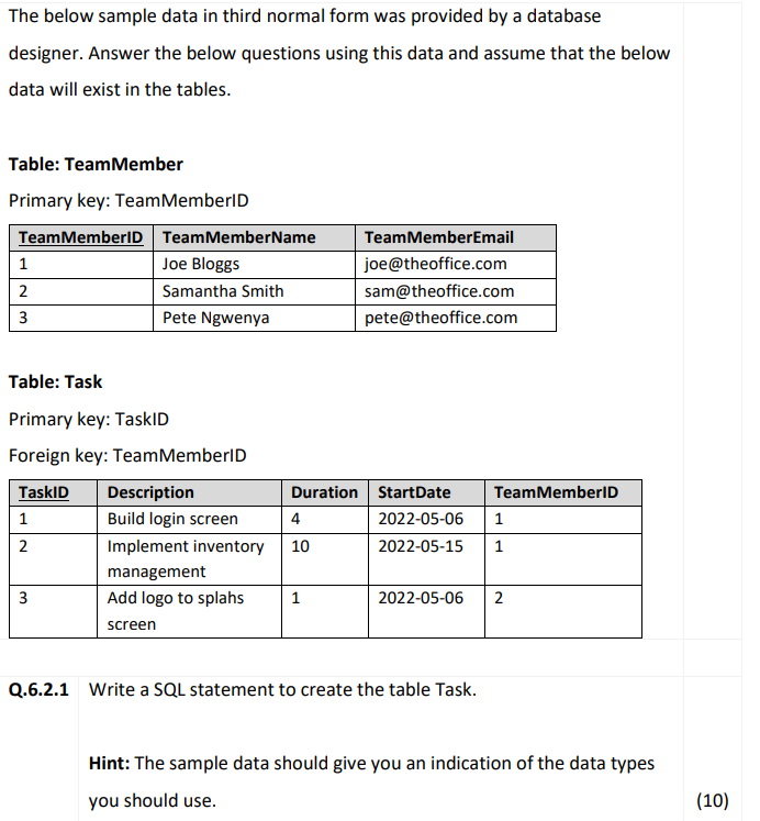 The below sample data in third normal form was provided by a